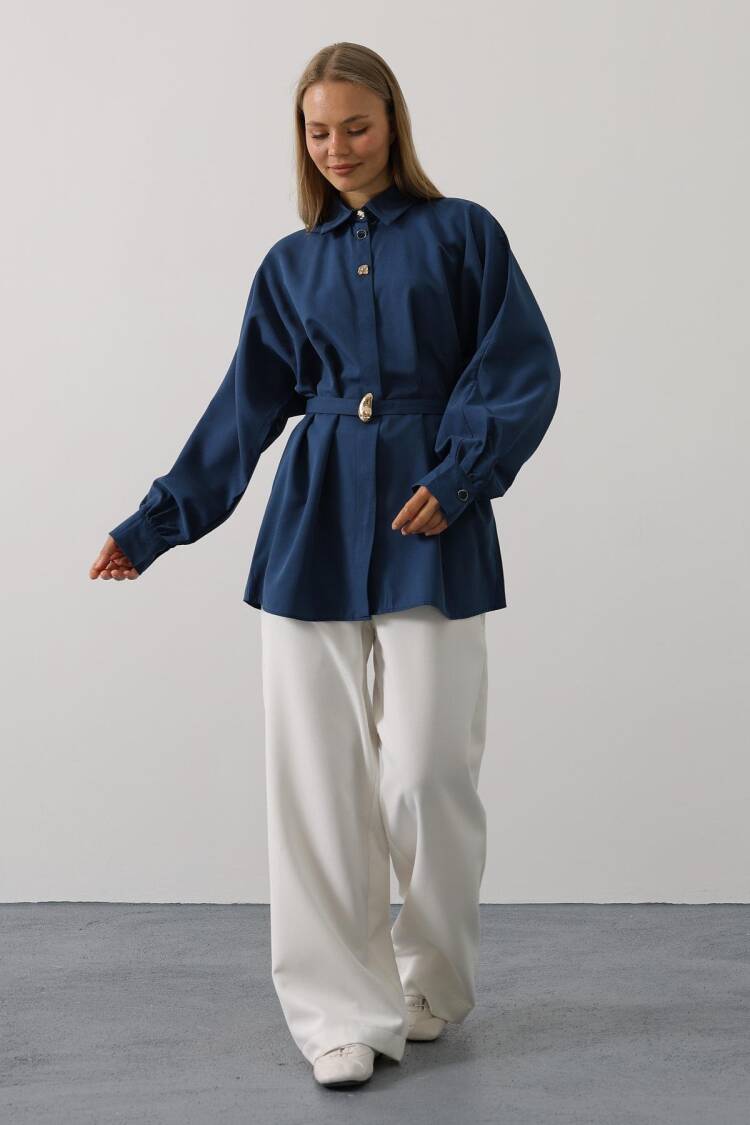 Navy Blue Oversized Polo Neck Buttoned Shirt - Brand: Reyon - Women's Clothing Wholesale - Globality Store