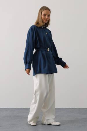 Navy Blue Oversized Polo Neck Buttoned Shirt - Brand: Reyon - Women's Clothing Wholesale - Globality Store