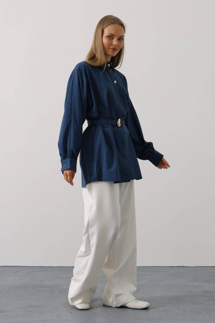 Navy Blue Oversized Polo Neck Buttoned Shirt
