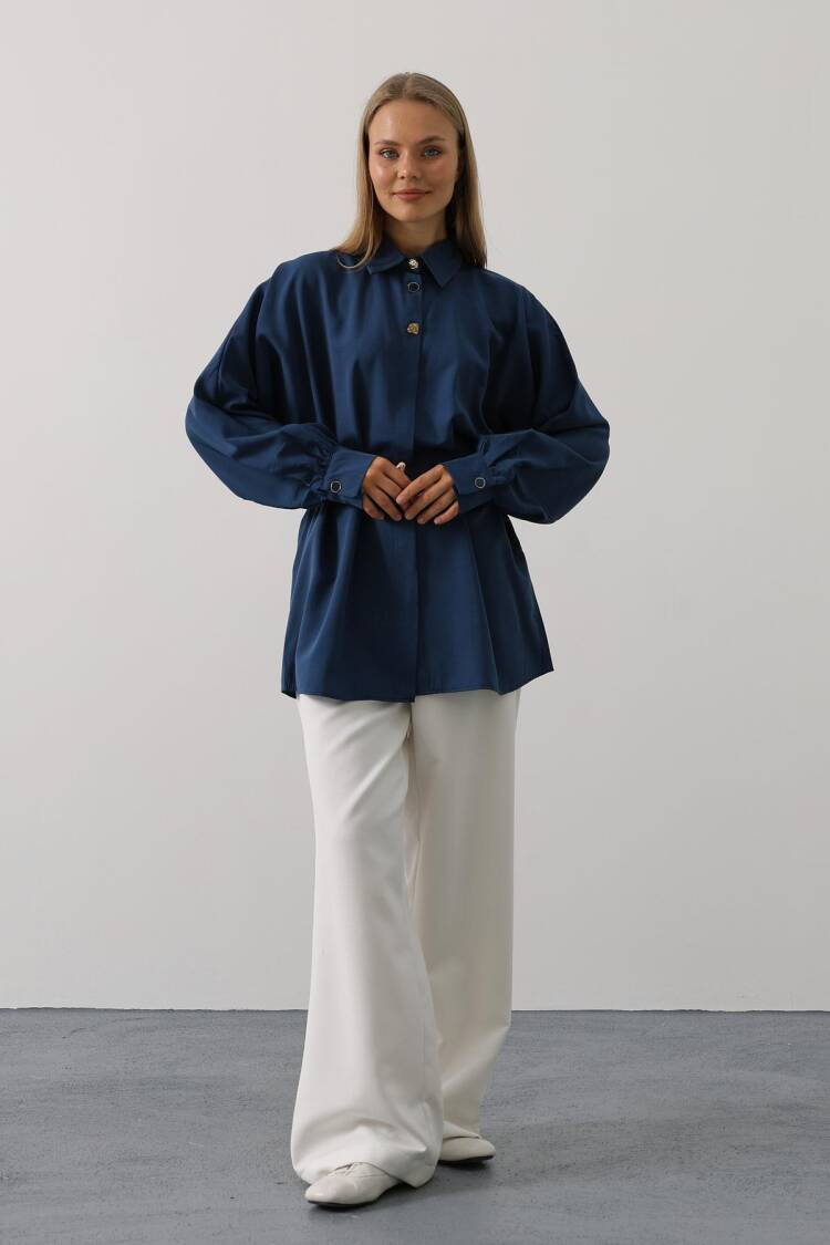 Navy Blue Oversized Polo Neck Buttoned Shirt