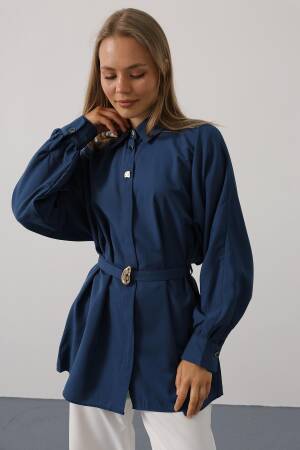 Navy Blue Oversized Polo Neck Buttoned Shirt - Brand: Reyon - Women's Clothing Wholesale - Globality Store