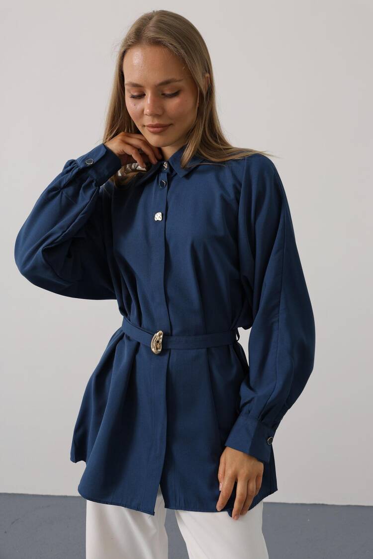 Navy Blue Oversized Polo Neck Buttoned Shirt
