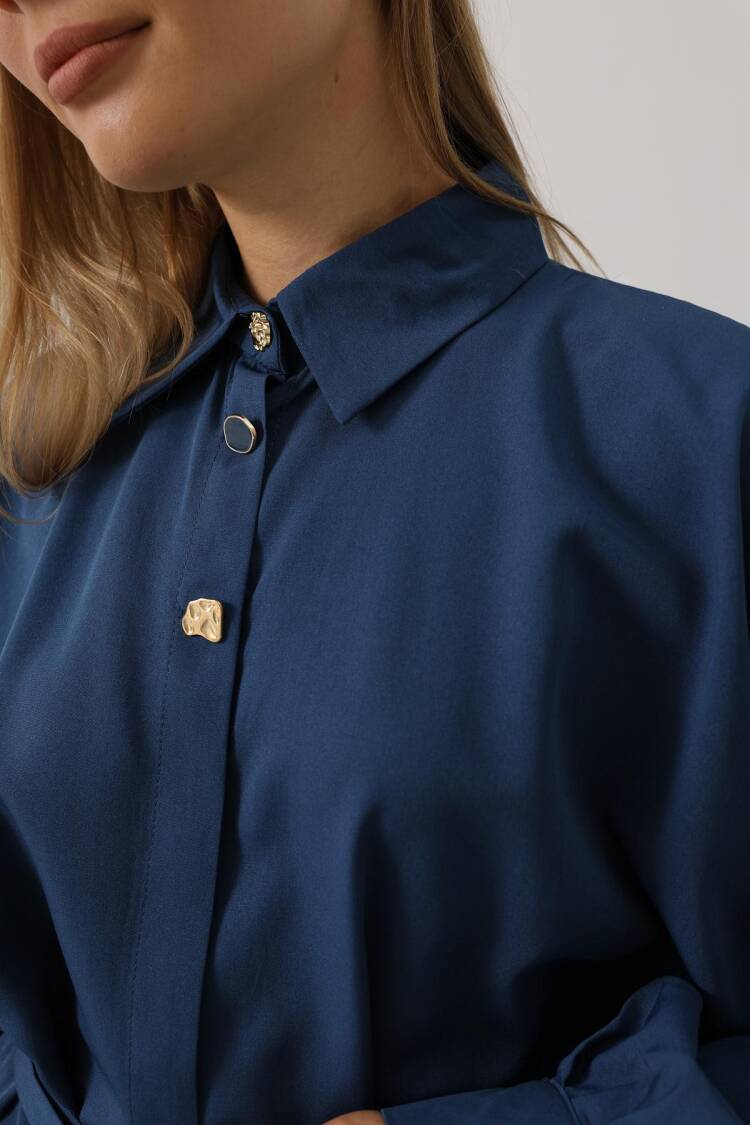 Navy Blue Oversized Polo Neck Buttoned Shirt