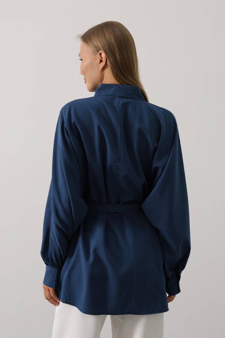 Navy Blue Oversized Polo Neck Buttoned Shirt