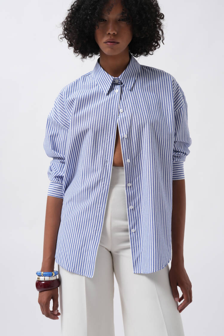 Striped Polo Neck Buttoned Shirt - Brand: Black Fashion - Women's Clothing Wholesale - Globality Store