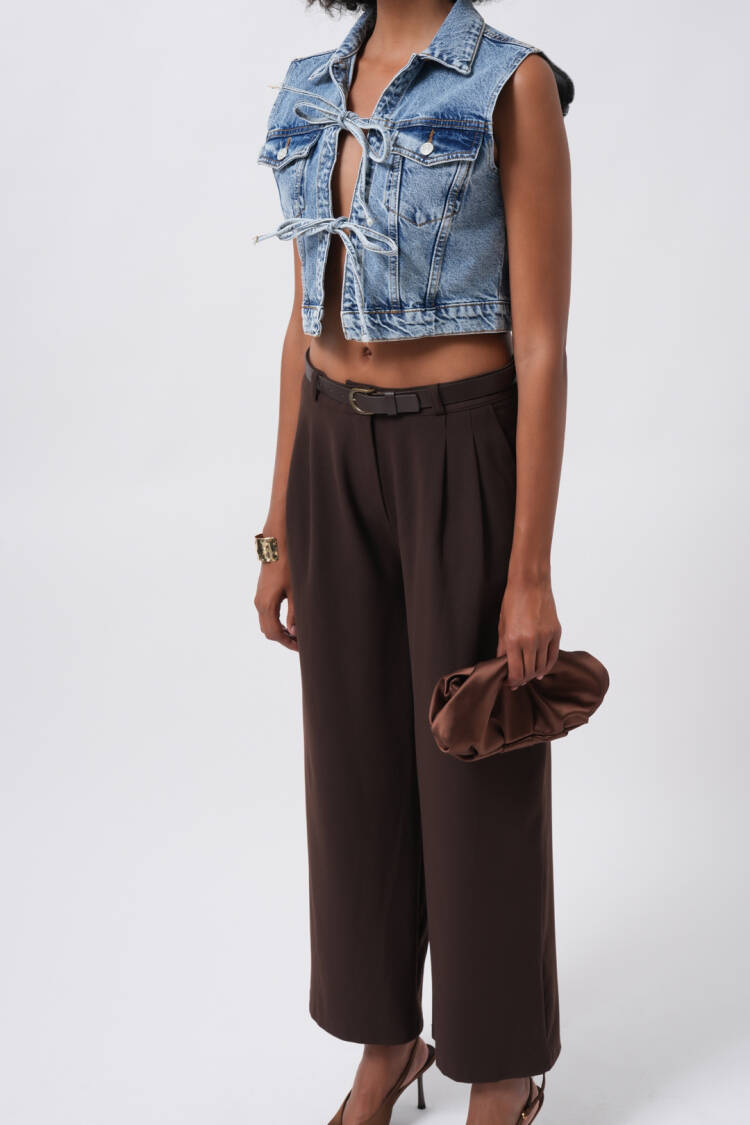 Casual Crop Vest With Flap Pocket And Tie Closure