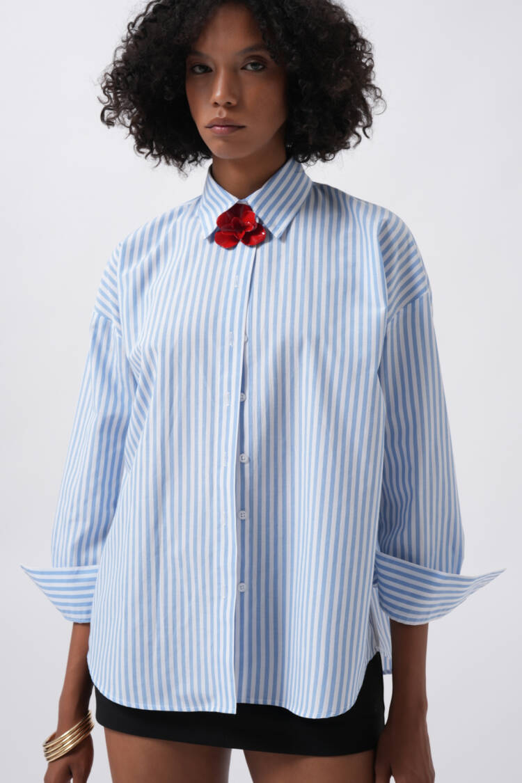 Striped Casual Oversized Shirt With Shawl Collar
