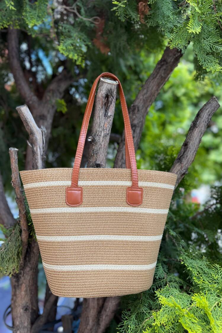 Striped Beige Straw Bag - Brand: Axesoire - Women's Clothing Wholesale - Globality Store