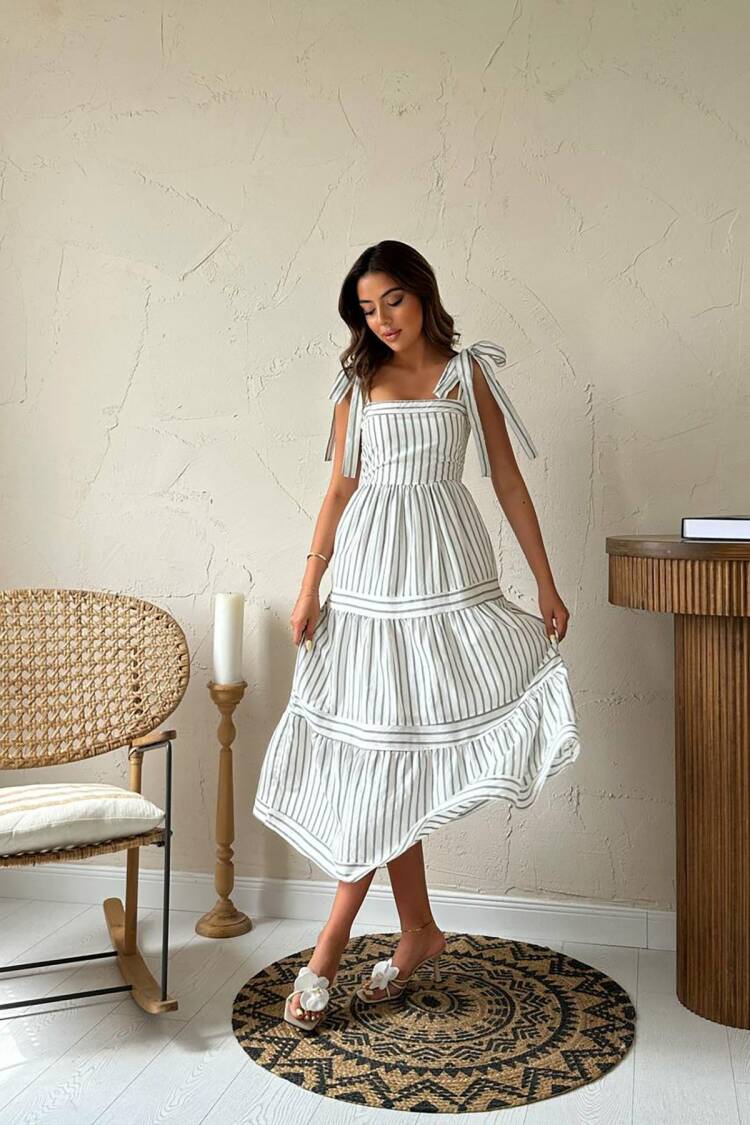 White A-Line Dress With Square Neck & Striped Pattern - Brand: Elisa - Women's Clothing Wholesale - Globality Store