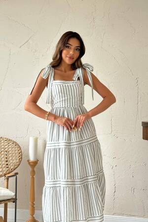 White A-Line Dress With Square Neck & Striped Pattern - Brand: Elisa - Women's Clothing Wholesale - Globality Store