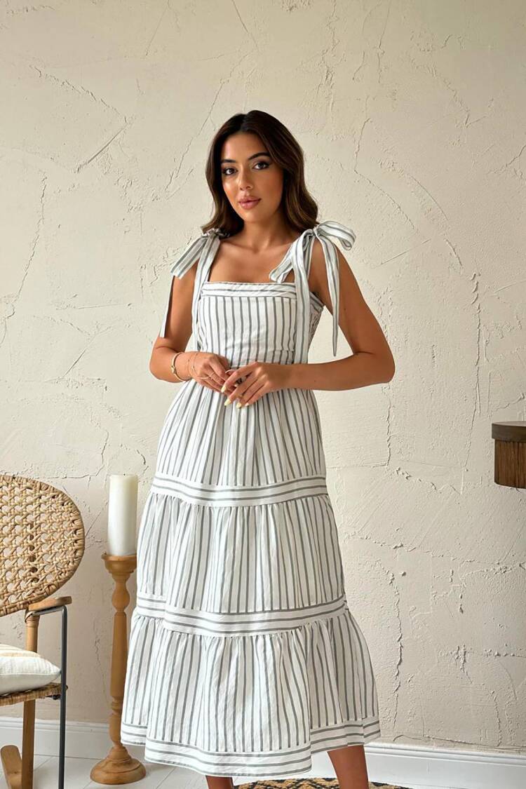 White A-Line Dress With Square Neck & Striped Pattern
