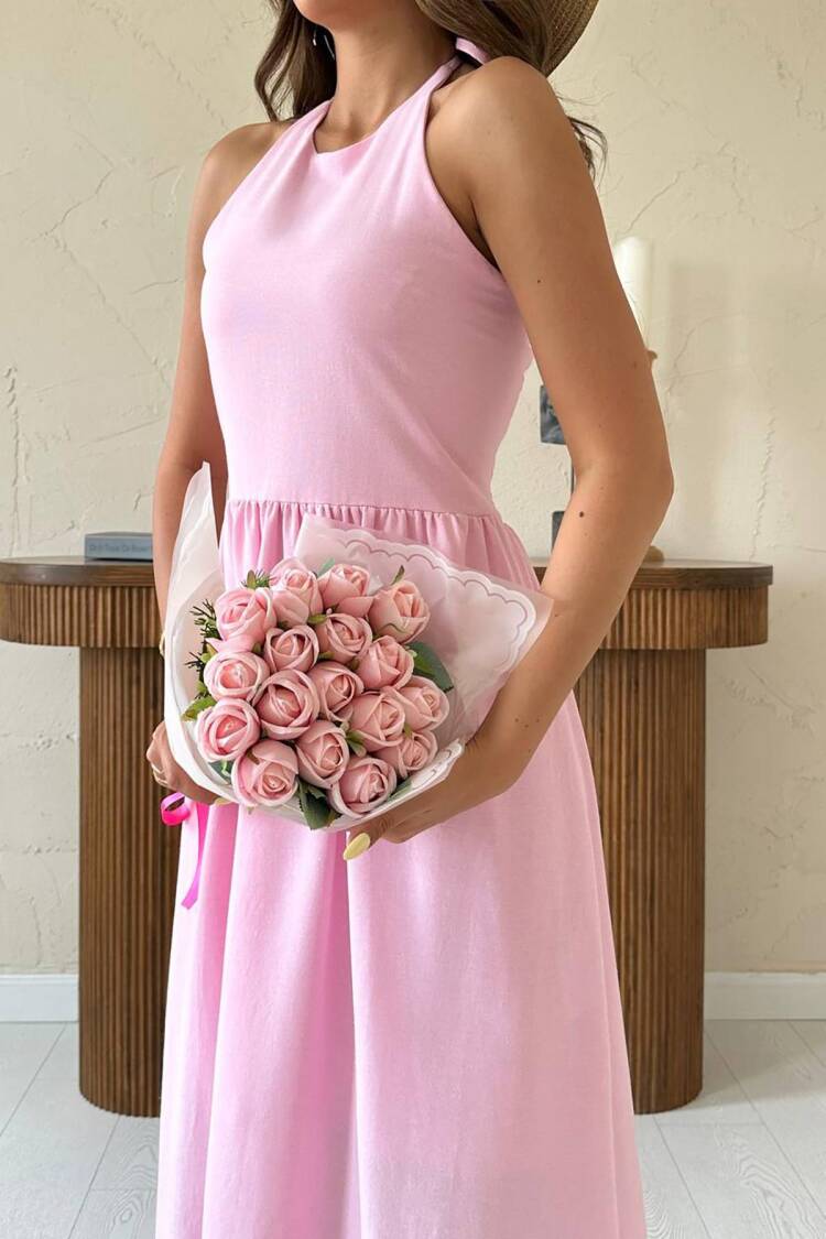 Fit And Flare Maxi Dress With Halter Neck