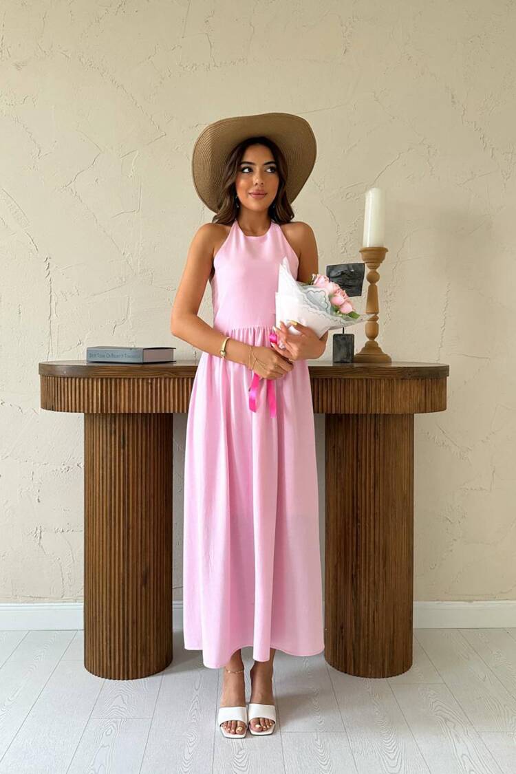 Fit And Flare Maxi Dress With Halter Neck