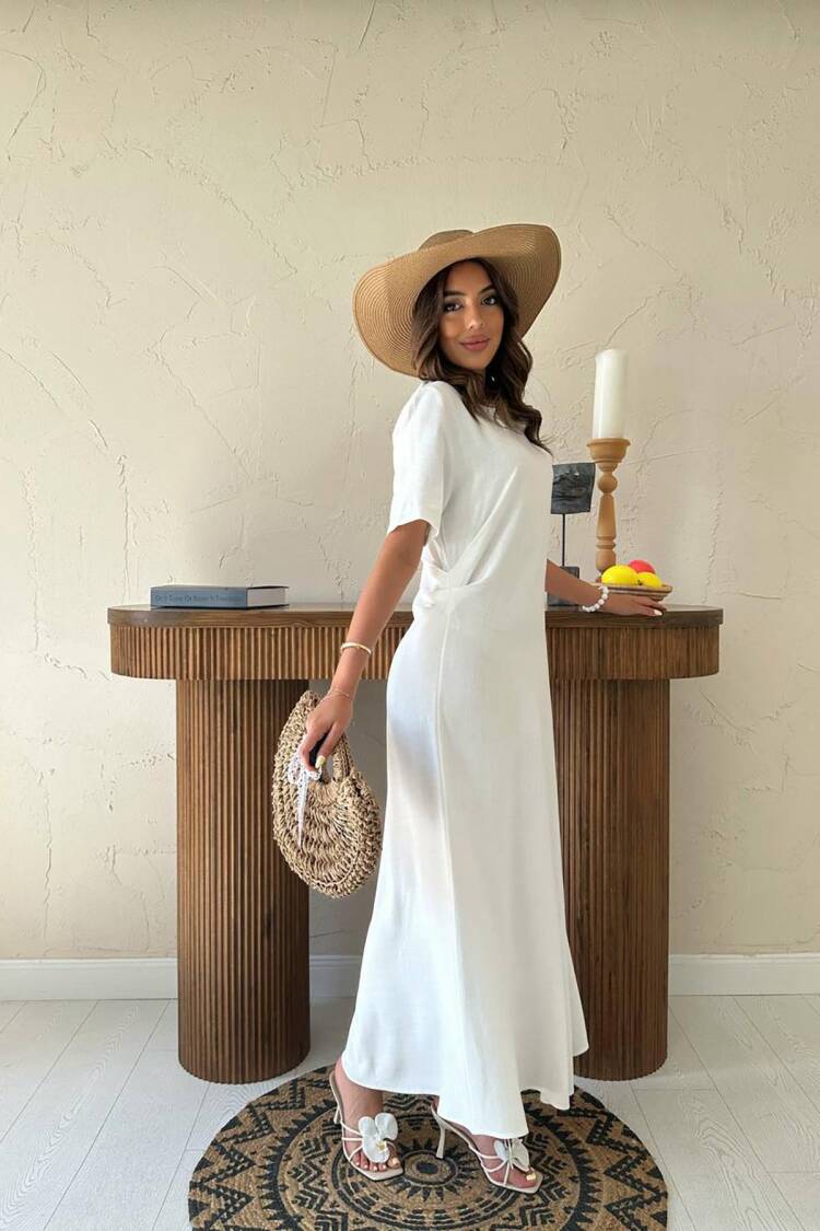White Maxi Shift Dress With Short Sleeves