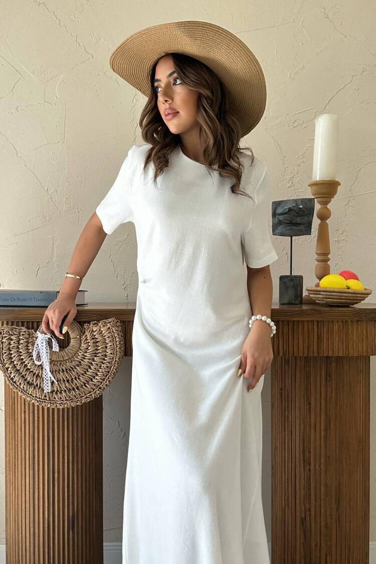 White Maxi Shift Dress With Short Sleeves
