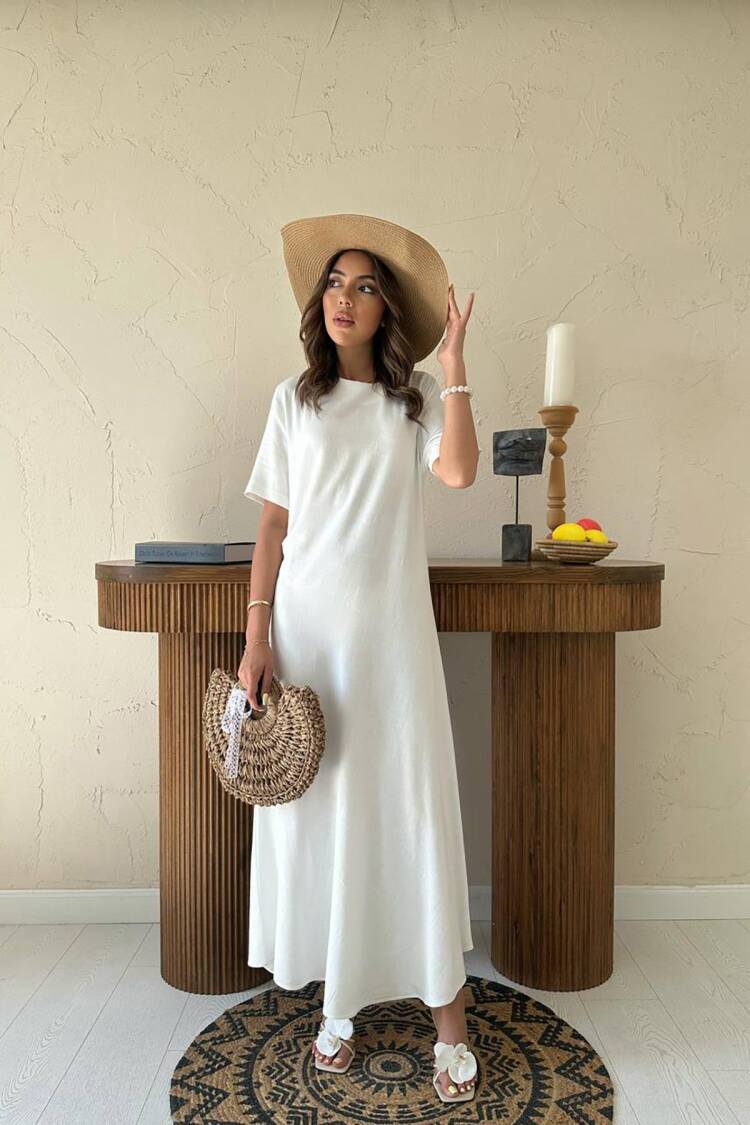 White Maxi Shift Dress With Short Sleeves - Brand: Elisa - Women's Clothing Wholesale - Globality Store