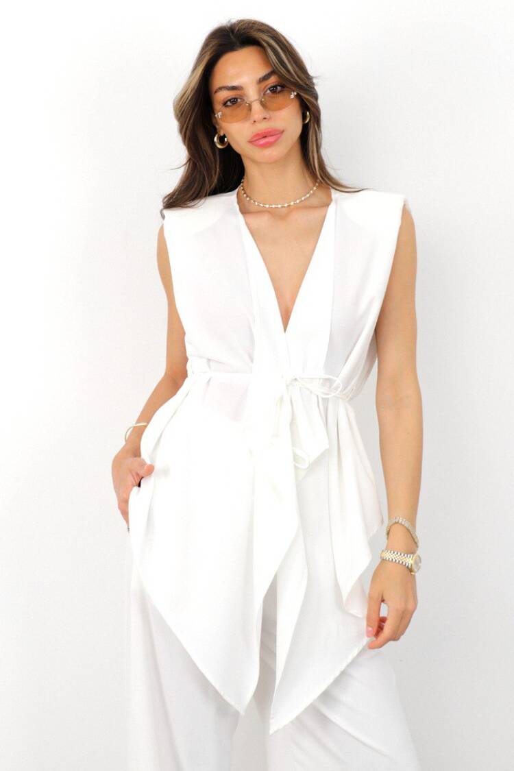 White Elegant Fitted Long Vest With Tie Closure - Brand: Cream Rouge - Women's Clothing Wholesale - Globality Store