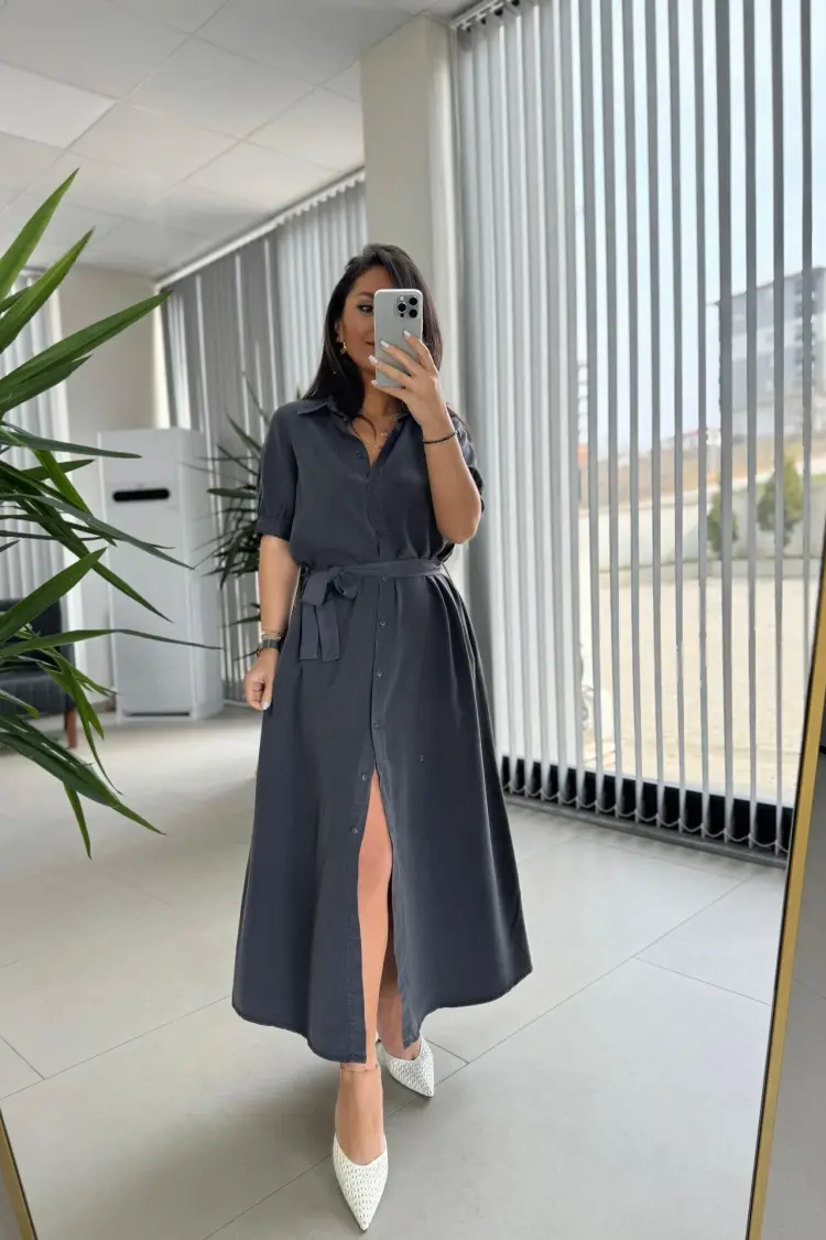 Grey Elegant Floor Length Shirt Dress - Brand: Cream Rouge - Women's Clothing Wholesale - Globality Store