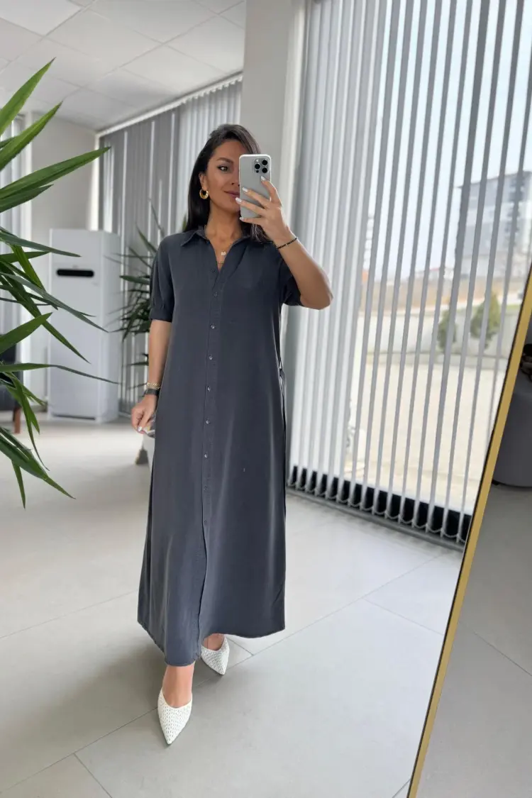 Grey Elegant Floor Length Shirt Dress