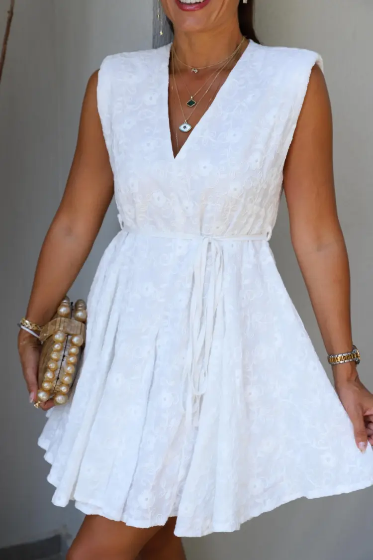 White Fit And Flare Dress With Floral V-Neck