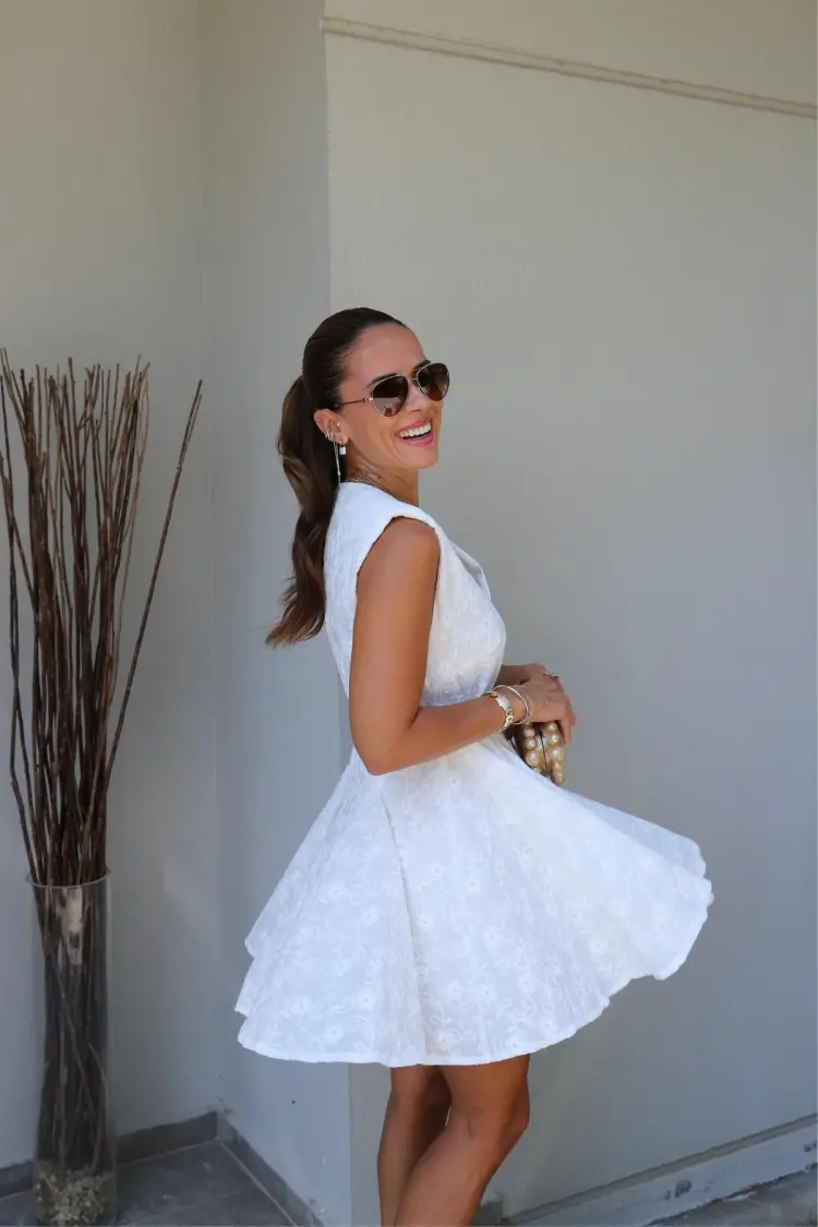 White Fit And Flare Dress With Floral V-Neck