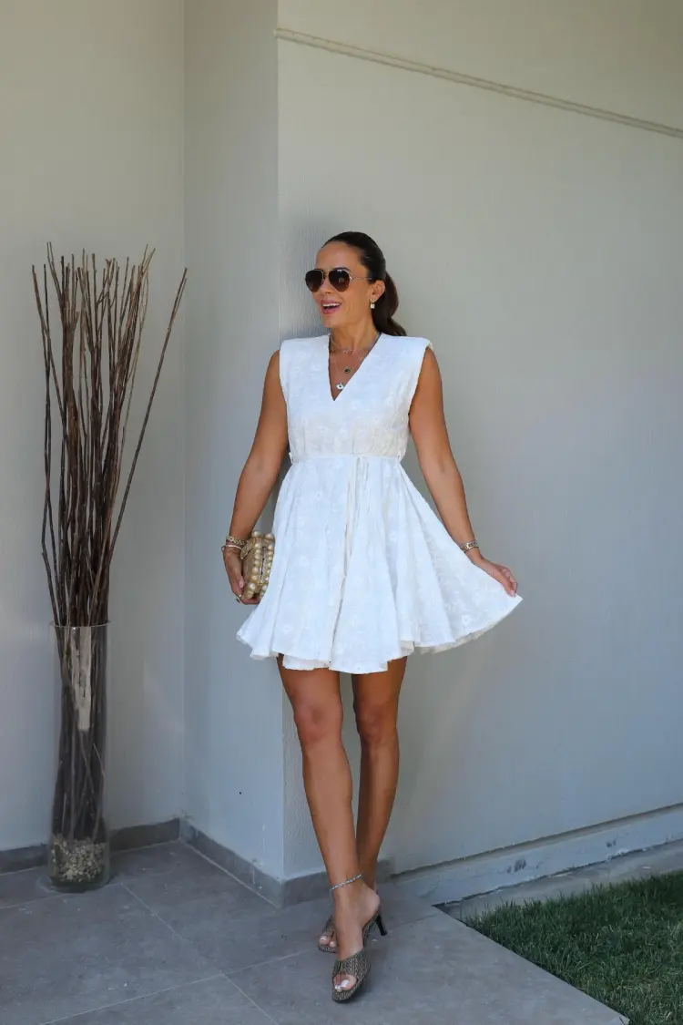 White Fit And Flare Dress With Floral V-Neck
