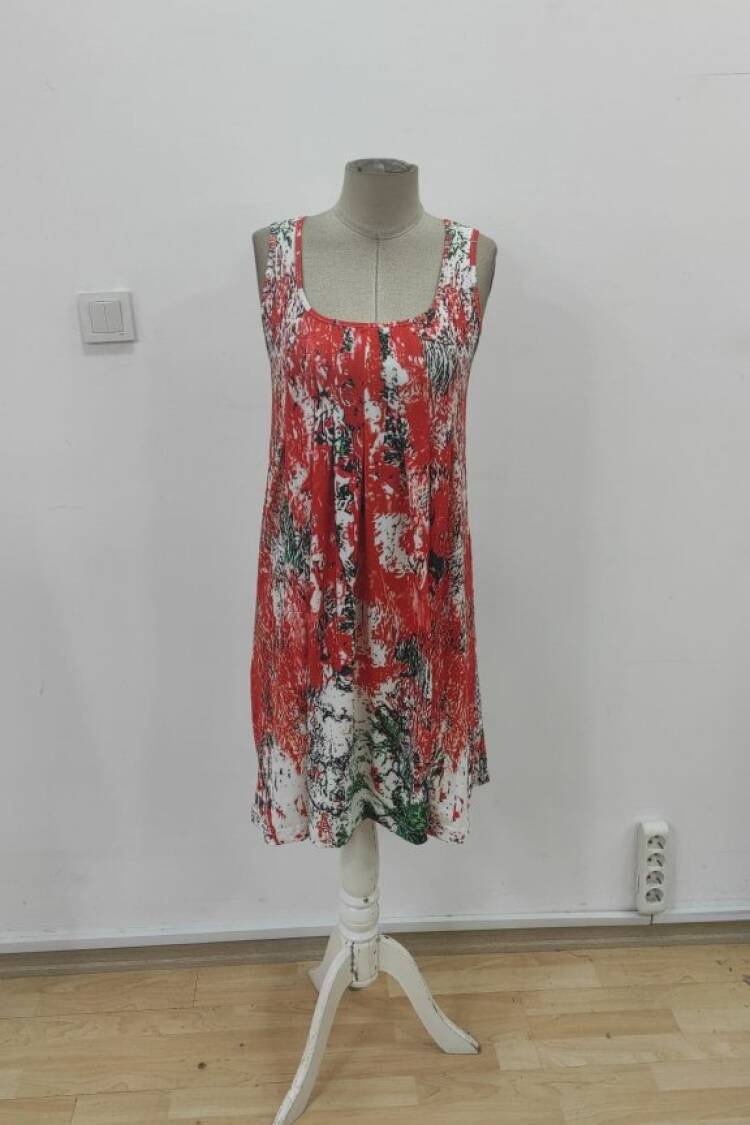 Orange Mini Tank Dress With Brush Stroke And Floral Pattern