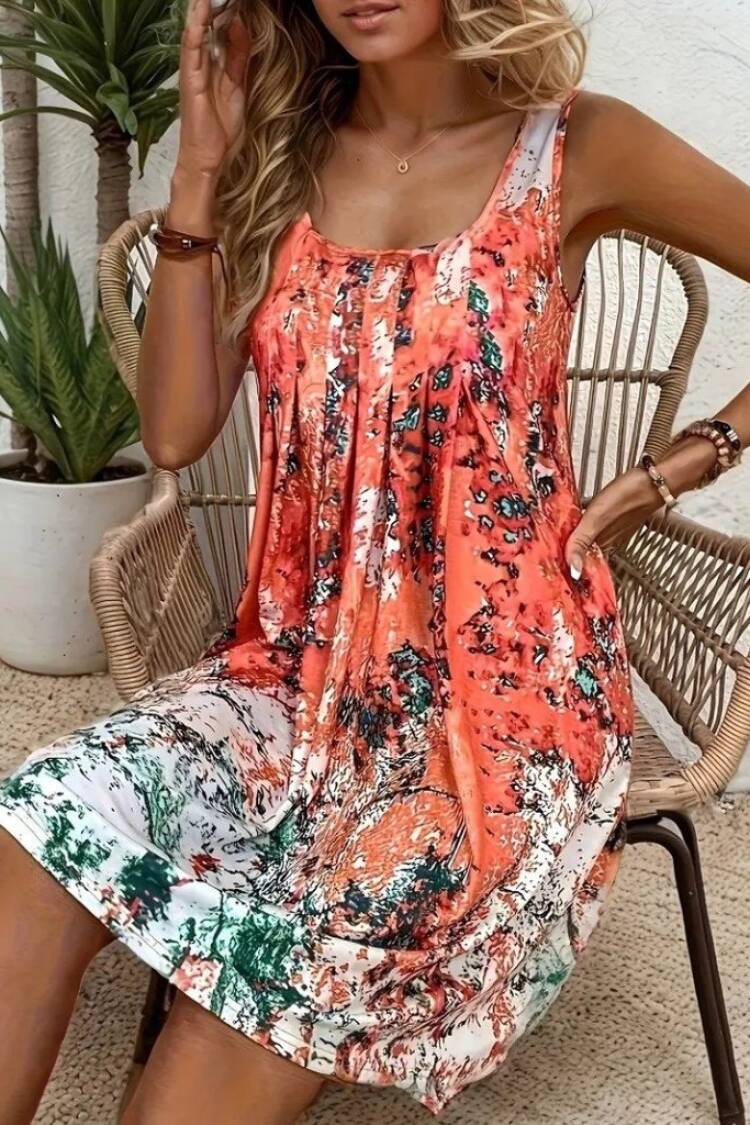 Orange Mini Tank Dress With Brush Stroke And Floral Pattern
