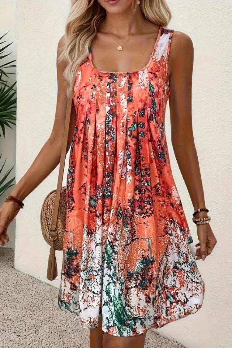 Orange Mini Tank Dress With Brush Stroke And Floral Pattern