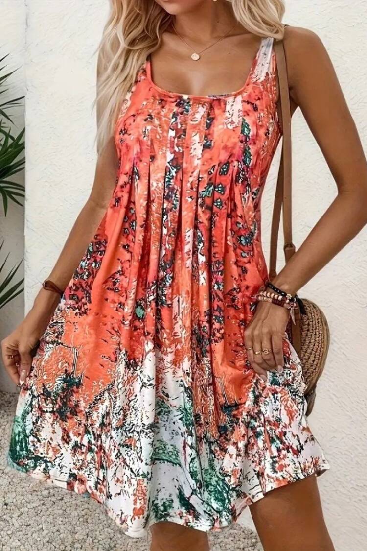 Orange Mini Tank Dress With Brush Stroke And Floral Pattern