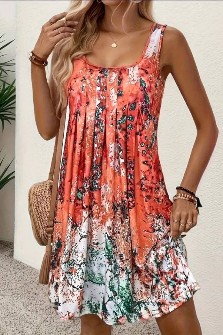 Orange Mini Tank Dress With Brush Stroke And Floral Pattern
