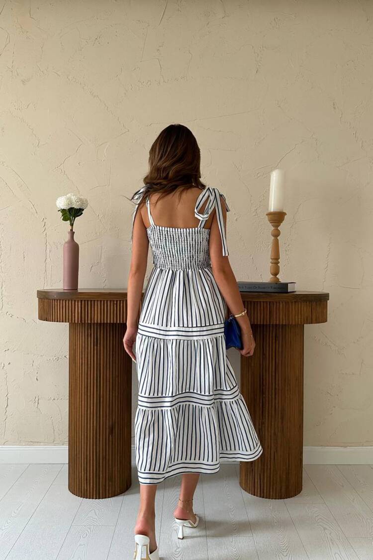 White A-Line Dress With Striped Pattern For Spring & Summer