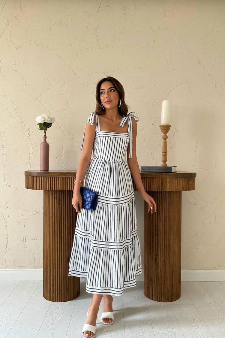 White A-Line Dress With Striped Pattern For Spring & Summer - Brand: Elisa - Women's Clothing Wholesale - Globality Store