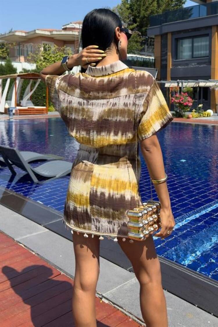 Beige Tie Dye Wrap Mini Skirt Set