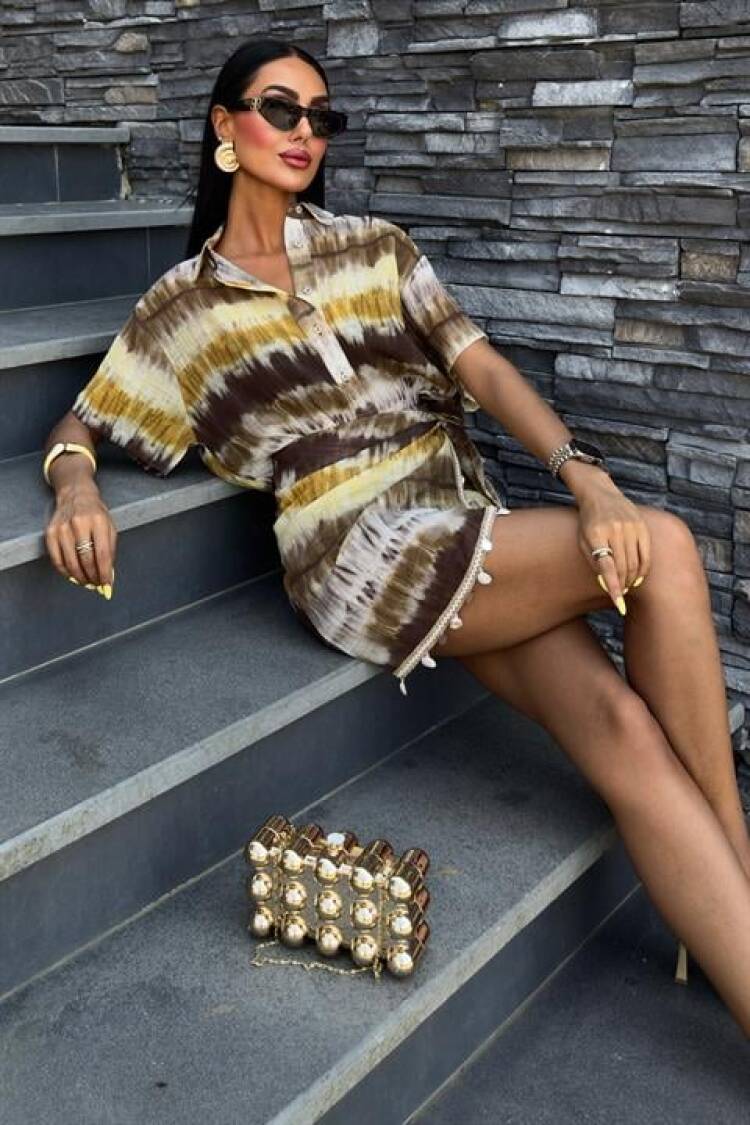 Beige Tie Dye Wrap Mini Skirt Set