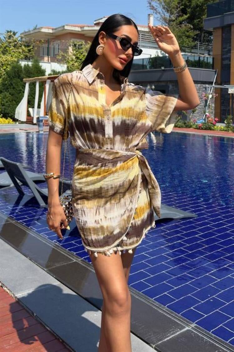 Beige Tie Dye Wrap Mini Skirt Set - Brand: Sobe Istanbul - Women's Clothing Wholesale - Globality Store