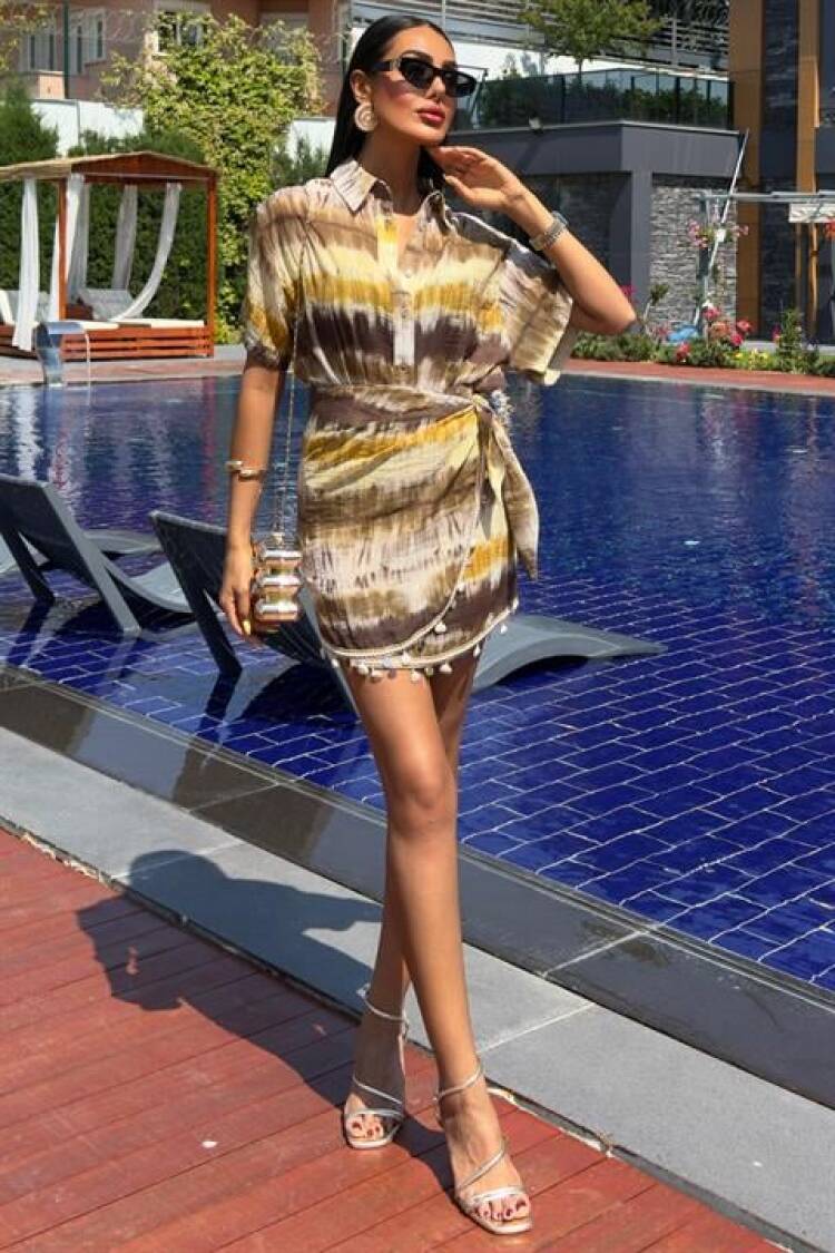 Beige Tie Dye Wrap Mini Skirt Set