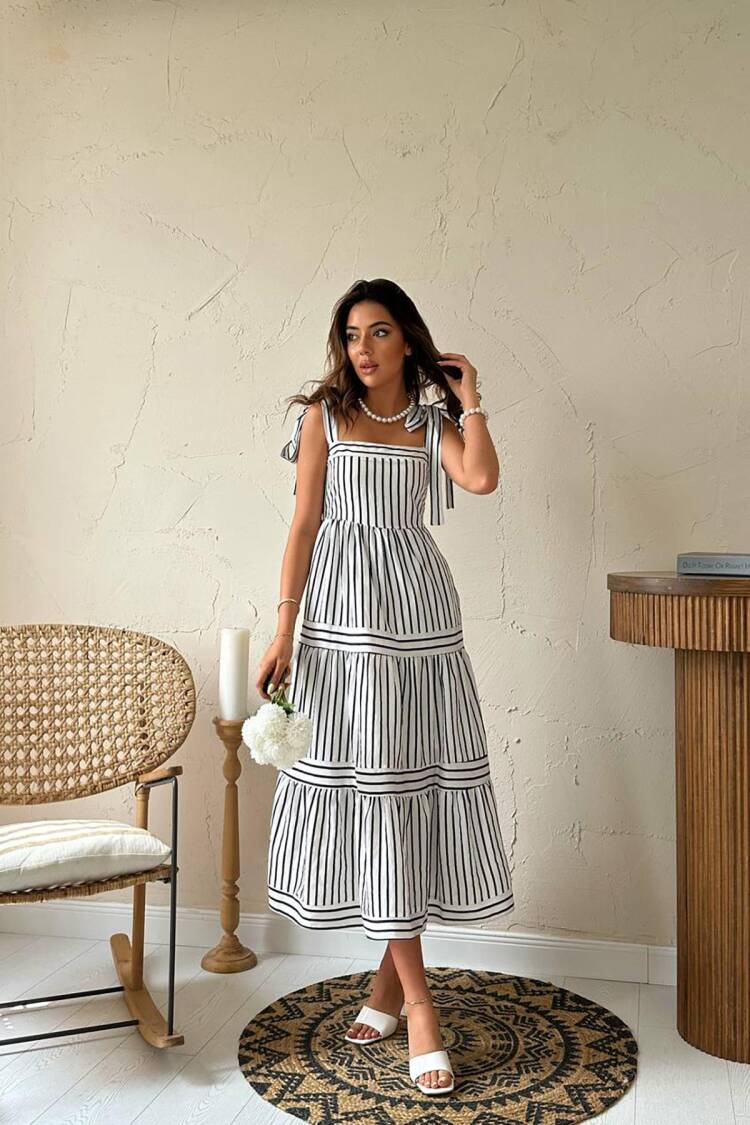 White A-Line Striped Midi Dress With Square Neck - Brand: Elisa - Women's Clothing Wholesale - Globality Store