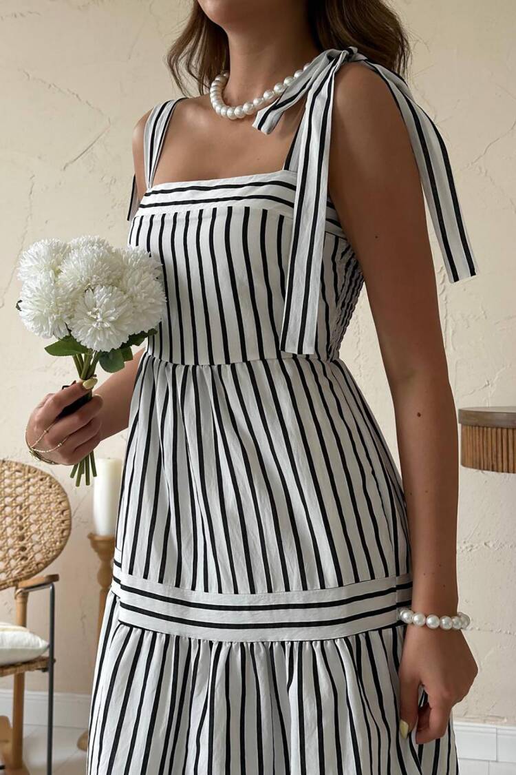 White A-Line Striped Midi Dress With Square Neck