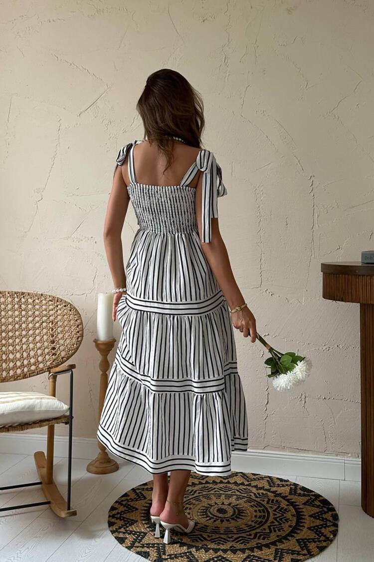 White A-Line Striped Midi Dress With Square Neck
