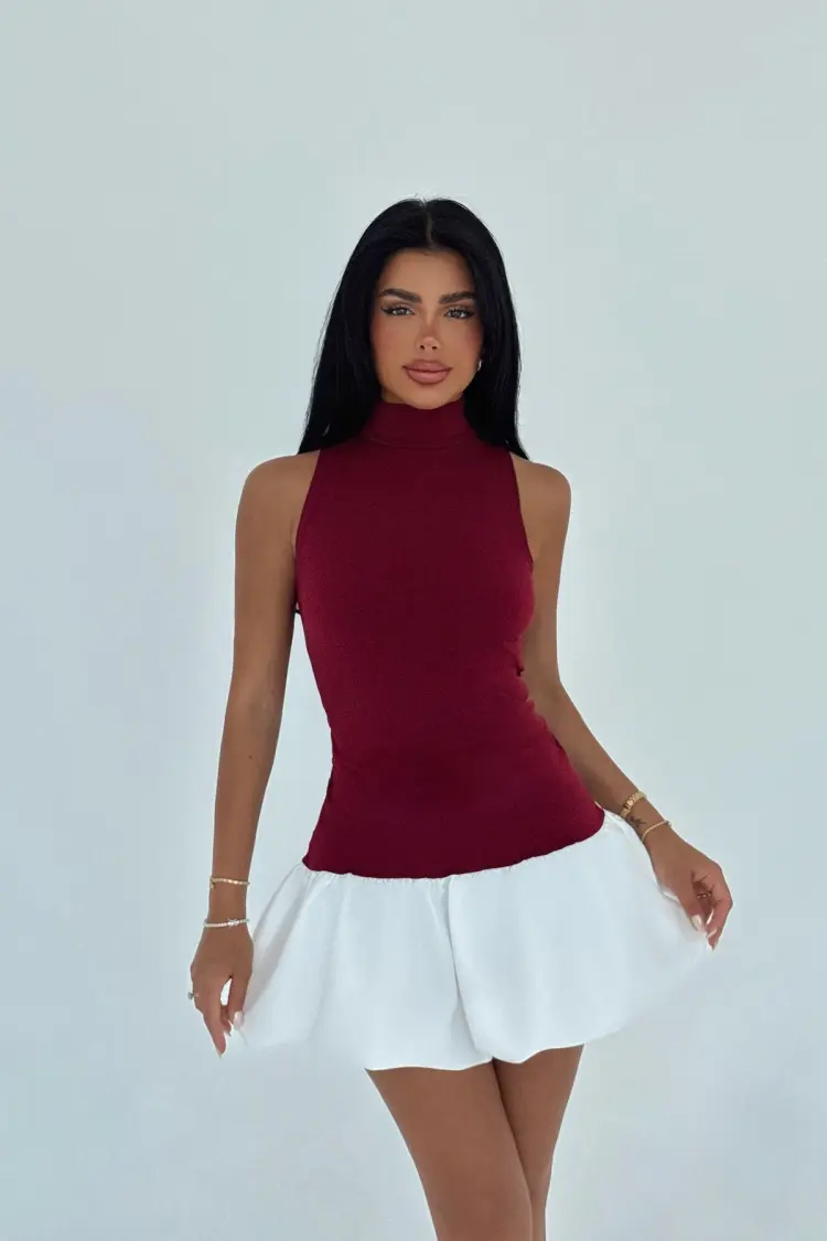 ClaretBabydoll Mini Dress With High Neck - Brand: EYYO ATELIER - Women's Clothing Wholesale - Globality Store