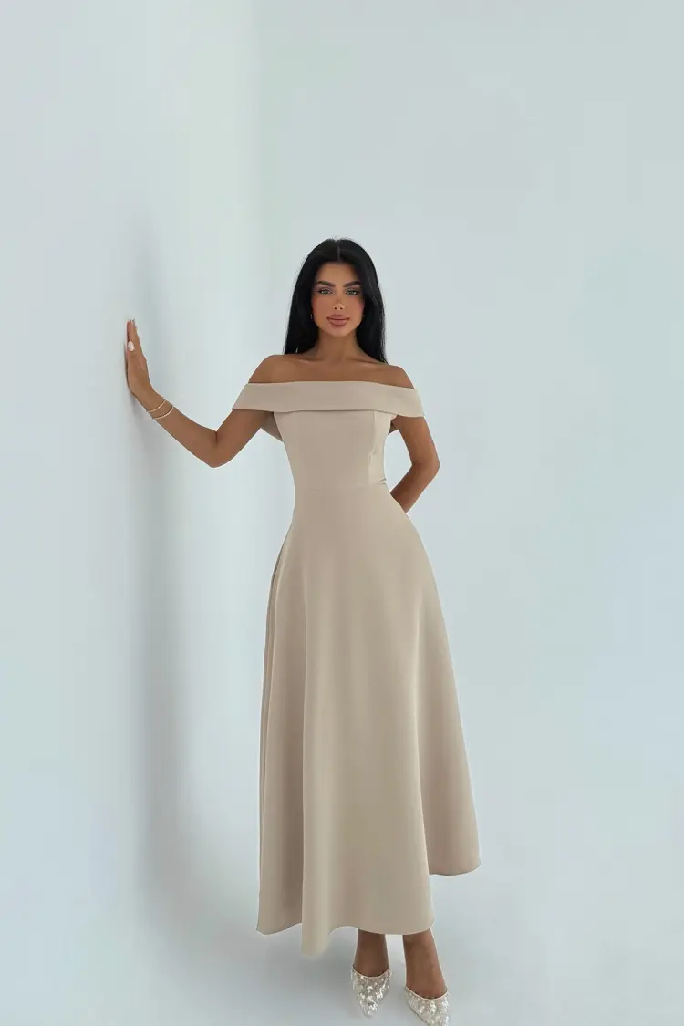Elegant Beige A-Line Dress With Off Shoulder Neck
