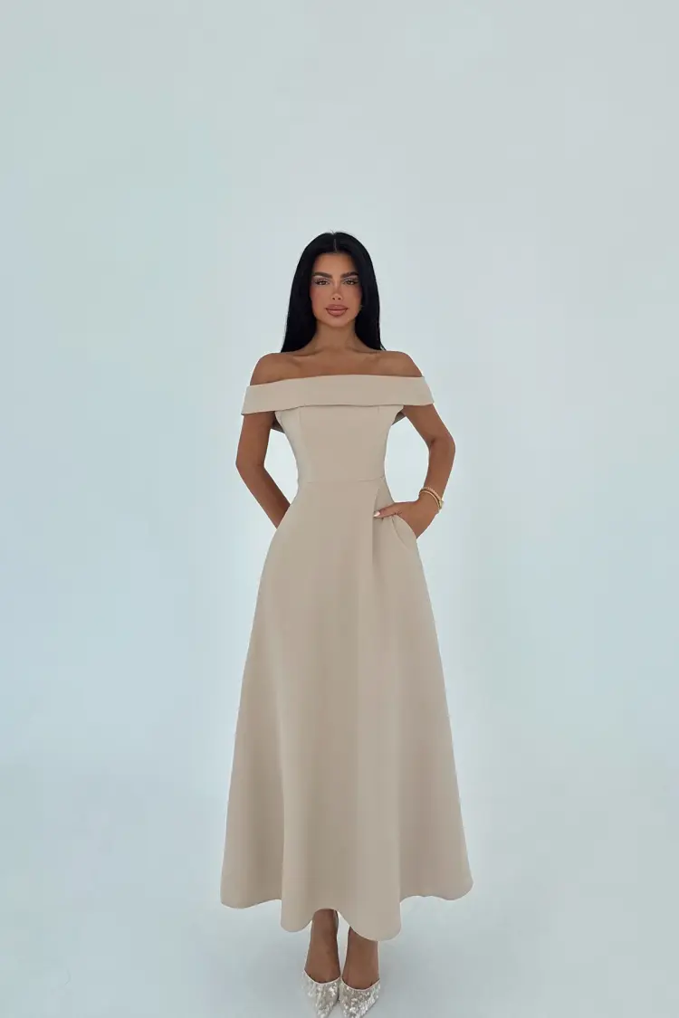 Elegant Beige A-Line Dress With Off Shoulder Neck - Brand: EYYO ATELIER - Women's Clothing Wholesale - Globality Store