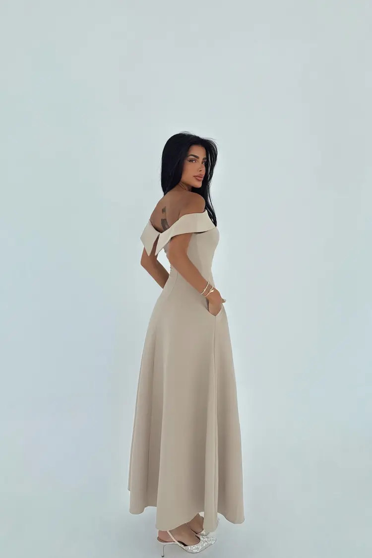 Elegant Beige A-Line Dress With Off Shoulder Neck