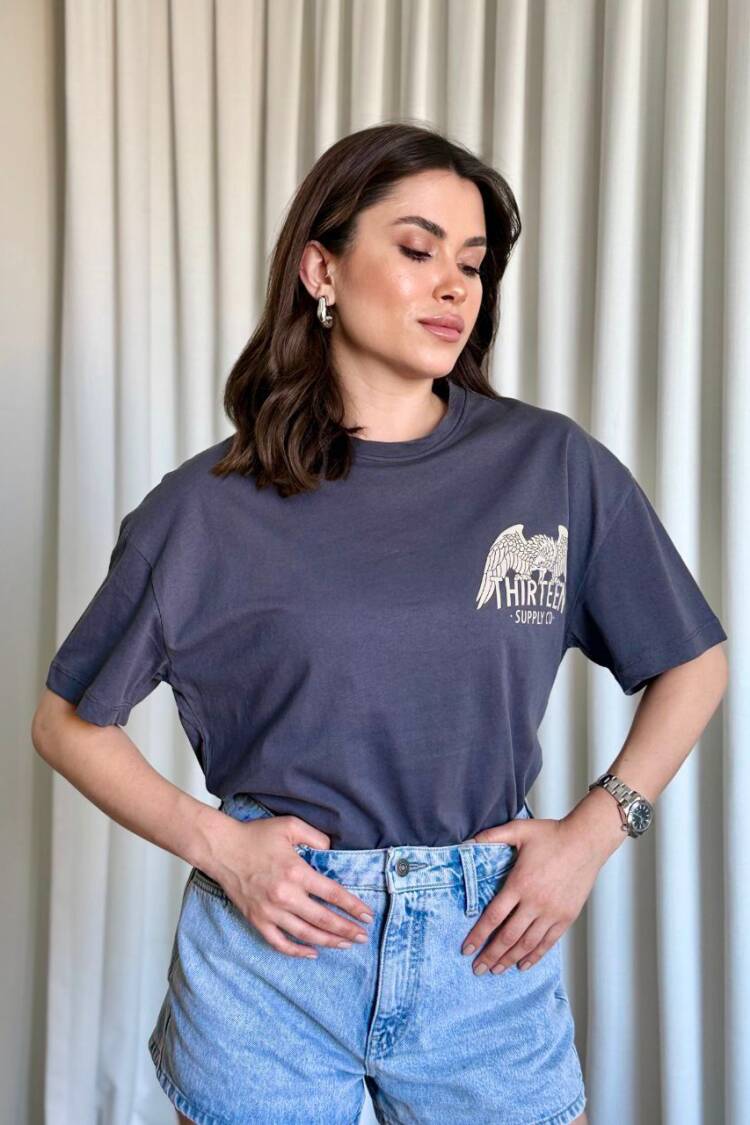 Grey Casual Oversized Fit Tshirt With Letter Print - Brand: Ezgi Nisantasi - Women's Clothing Wholesale - Globality Store