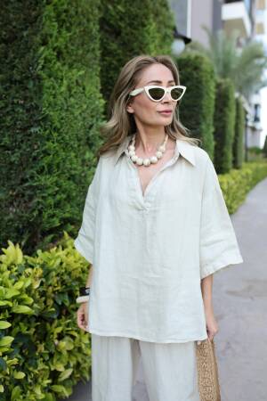 Beige Blouse With Notched Neck And 3/4 Sleeves - Brand: Cream Rouge - Women & Kids, Baby Clothes Wholesale - Globality Store