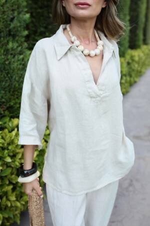 Beige Blouse With Notched Neck And 3/4 Sleeves - Brand: Cream Rouge - Women & Kids, Baby Clothes Wholesale - Globality Store