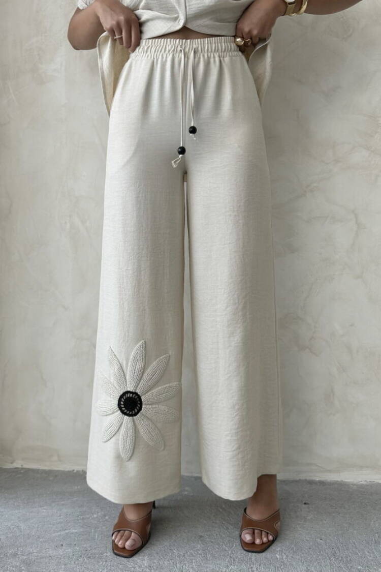 Beige Palazzo Pants With Drawstring Closure