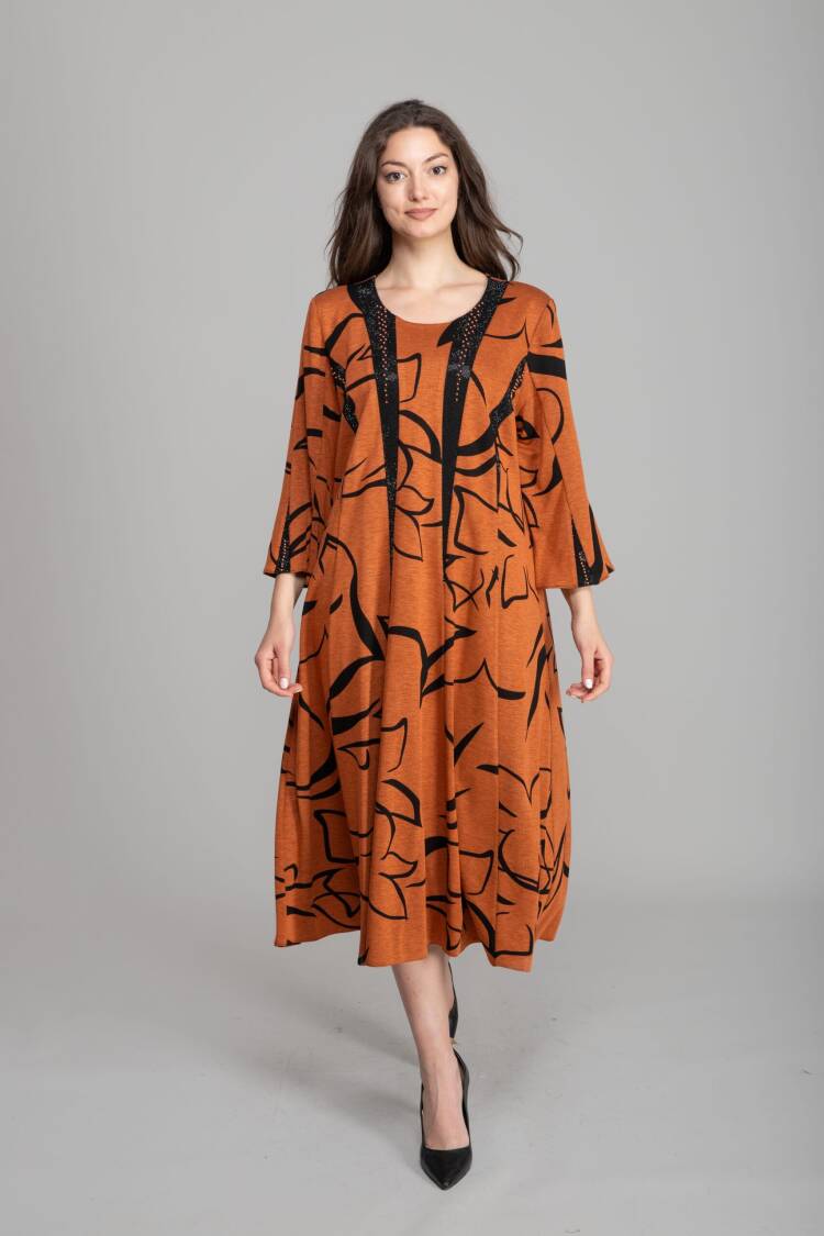 Elegant Orange A-Line Dress With Floral Pattern