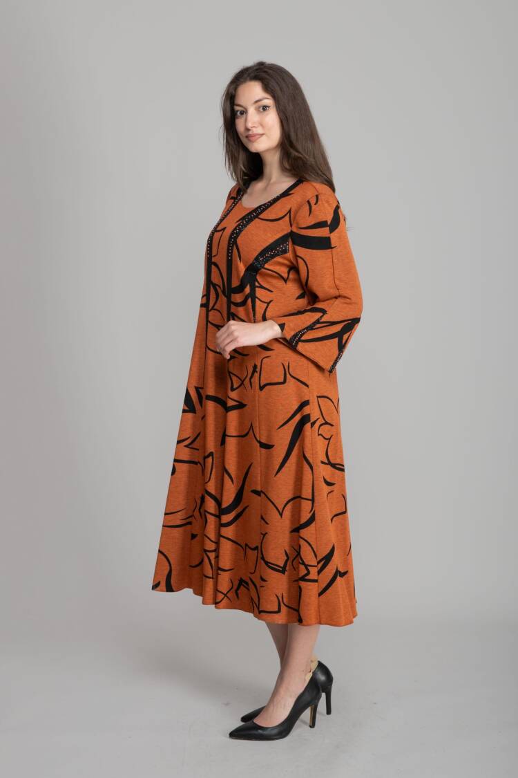 Elegant Orange A-Line Dress With Floral Pattern - Brand: GUMANIZE - Women's Clothing Wholesale - Globality Store